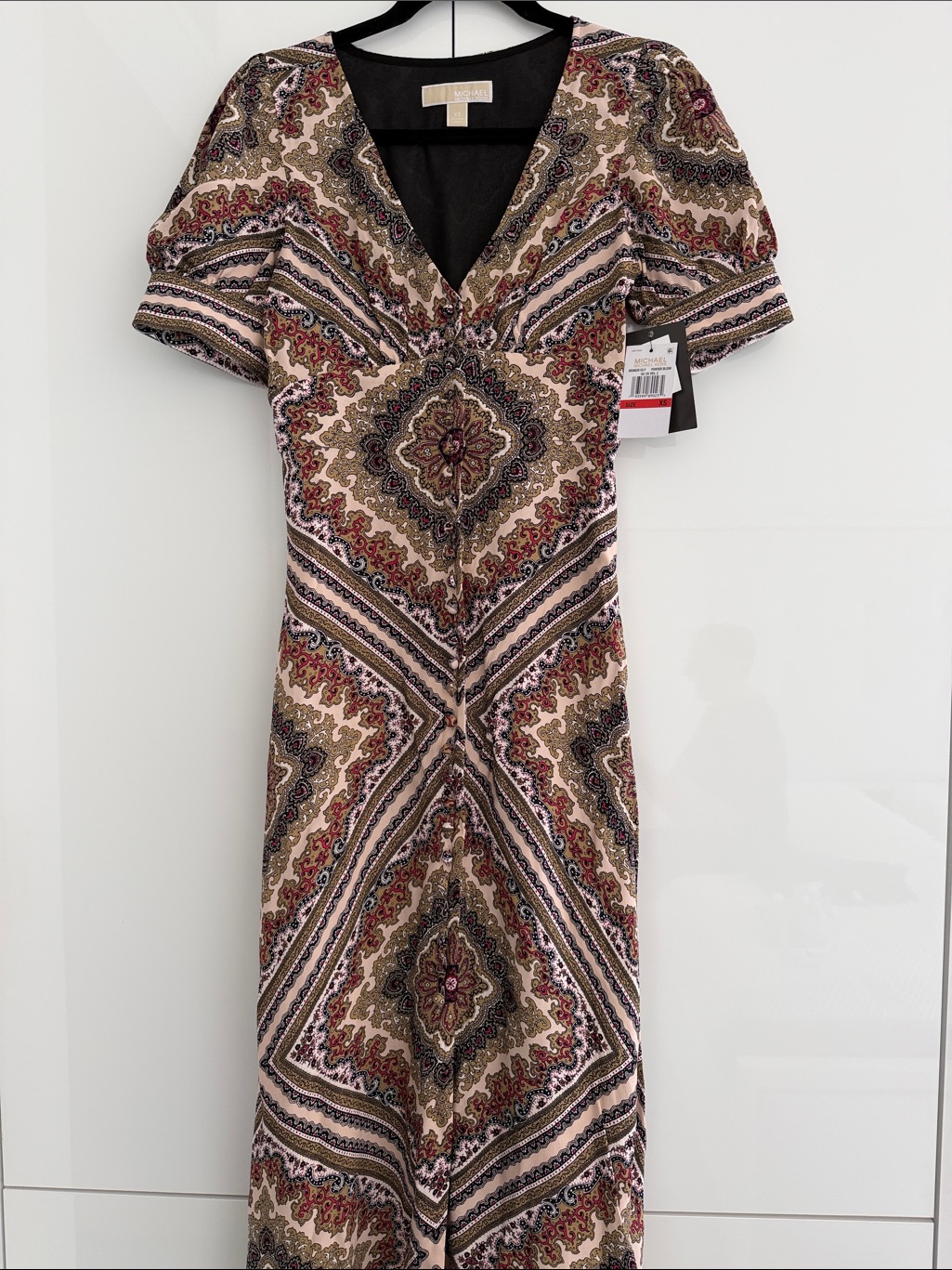 Printed V-Neck Midi Dress In Beige And Brown
